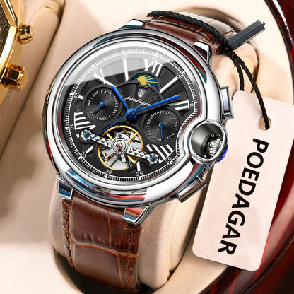 Reloj para hombre POEDAGAR, de estilo lujoso y profesional, con indicador de fecha y día, tourbillon, caja de acero inoxidable, movimiento mecánico automático y resistencia al agua.