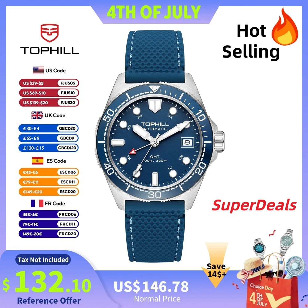 Tophill 39.5mm Automatic NH34 GMT Watch Swim 3H Date Window Mechanical C3 Green Lume 100M Waterproof Sapphire Crystal TD011G