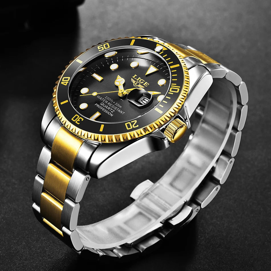 Reloj para hombre LIGE: cronógrafo de cuarzo, resistente al agua, estilo informal y profesional, accesorio de moda de lujo de una gran marca.