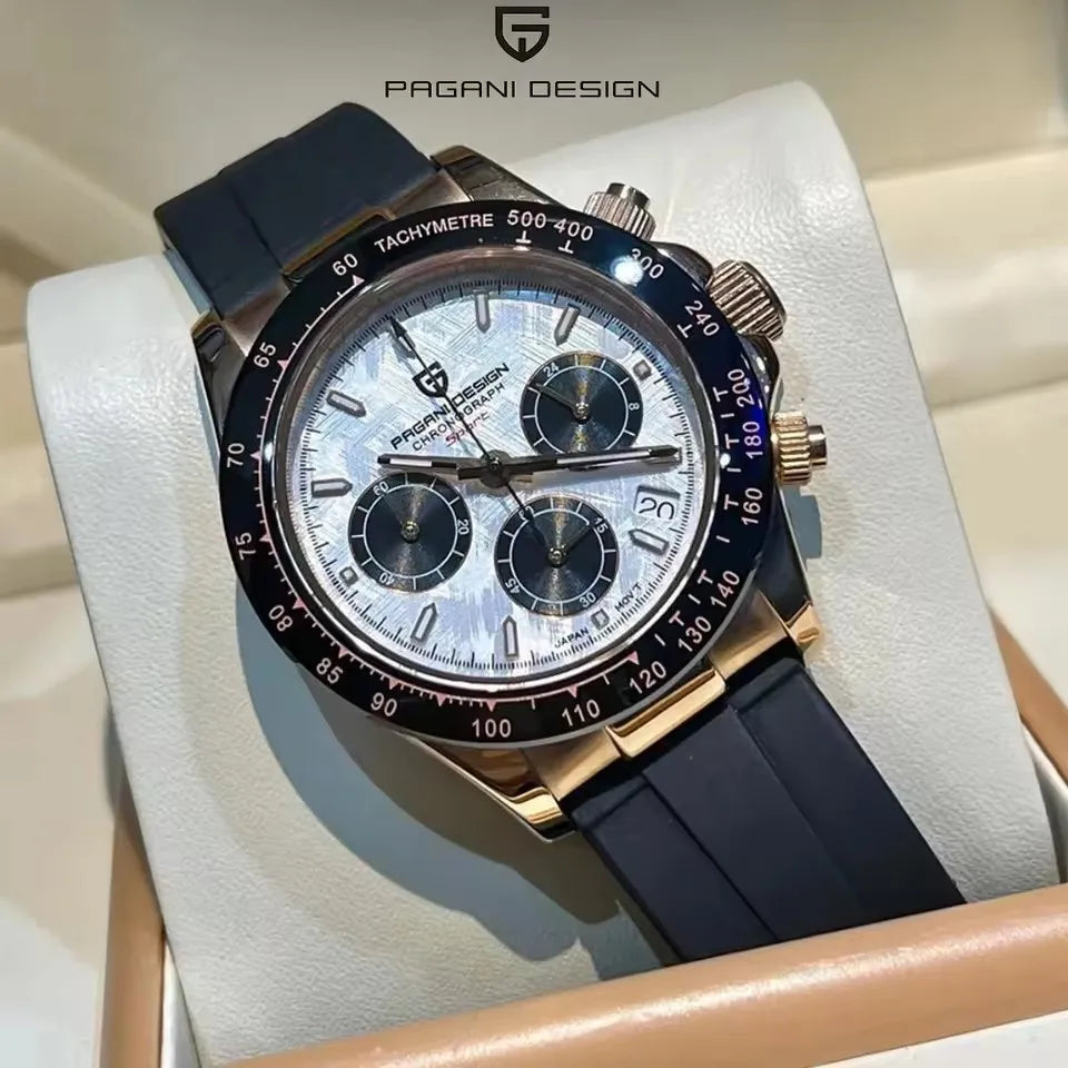 PAGANI DESIGN V2 40MM Reloj de cuarzo para hombre con esfera de meteorito, cristal de zafiro, cronógrafo retro y resistente al agua