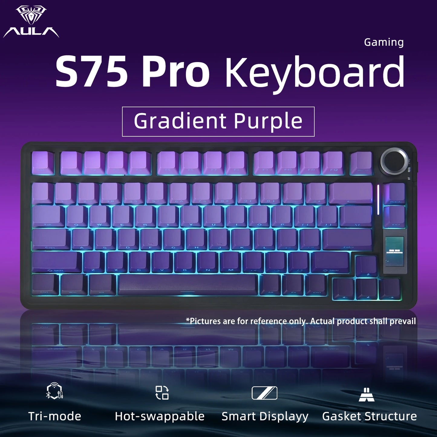 AULA S75 PRO Mechanical Keyboard 75% Custom Layout RGB Backlight Wireless Bluetooth Gaming Keyboard with Screen Knob