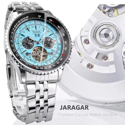 Montre mécanique automatique rétro de luxe JARAGAR 034, tourbillon, squelette creux, acier inoxydable, calendrier de la semaine, montre pour homme