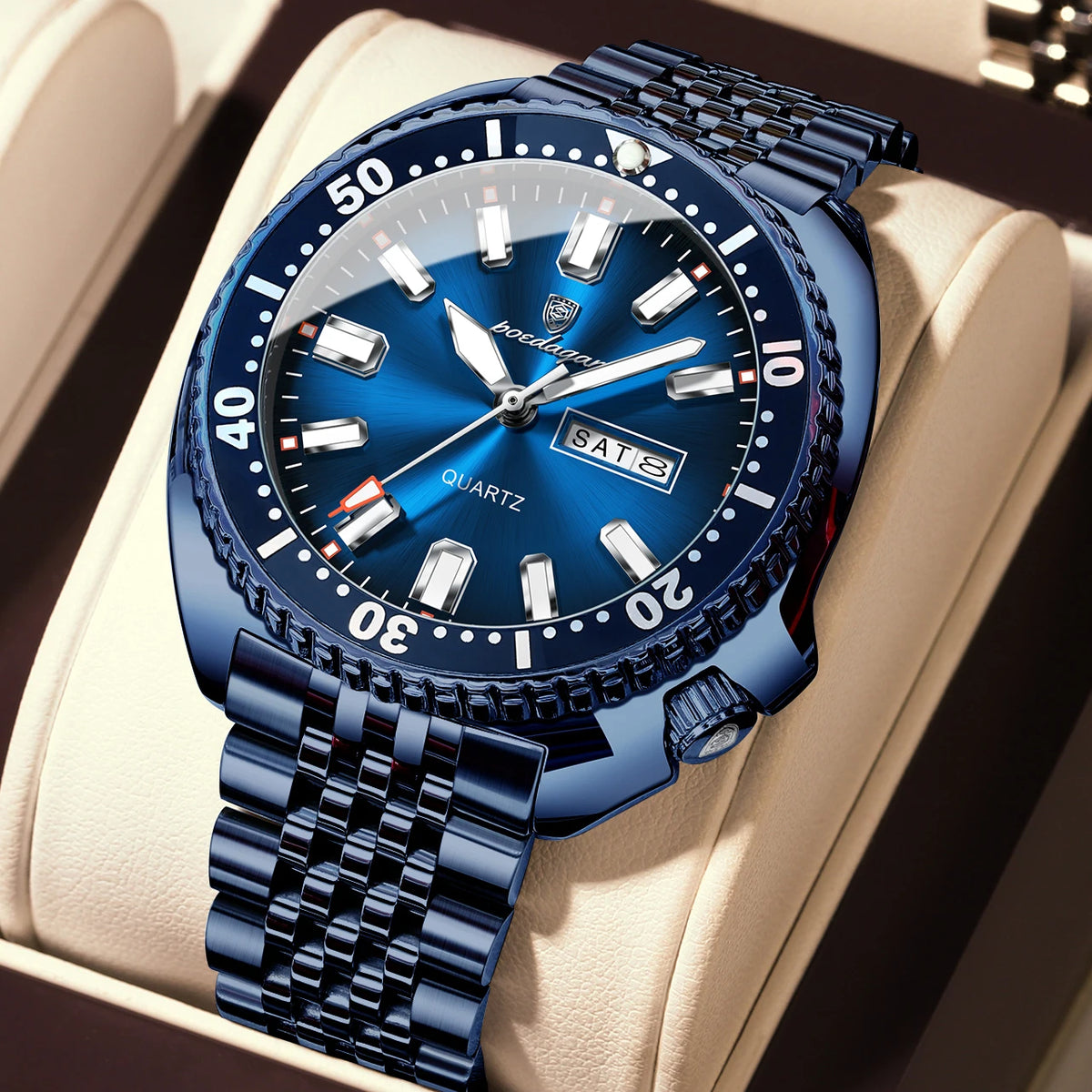 Montre homme POEDAGAR de luxe, style business, avec date et jour de la semaine, étanche et lumineuse, en acier inoxydable et à quartz.