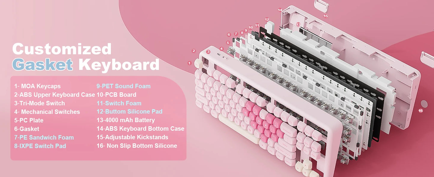 YUNZII B87 Pink Mechanical Gaming Keyboard, QMK/VIA Custom Gasket RGB Keyboard, Wireless Aesthetic Keeb, Wrist Rest for Win/Mac