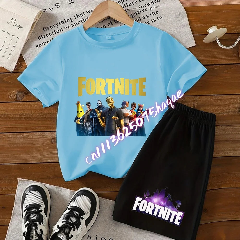 Sommerliches Fortnite-Kinder-Set: T-Shirt und Shorts, 2-teilig, Anime-Design, kurzärmelig, aus Baumwolle, lässige Sportbekleidung, Geschenkidee