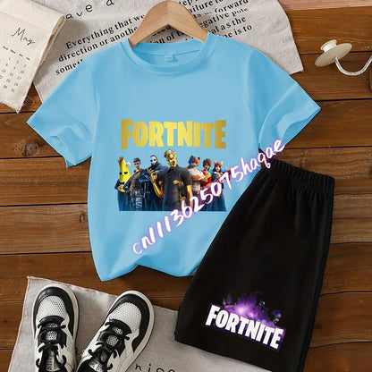 Sommerliches Fortnite-Kinder-Set: T-Shirt und Shorts, 2-teilig, Anime-Design, kurzärmelig, aus Baumwolle, lässige Sportbekleidung, Geschenkidee