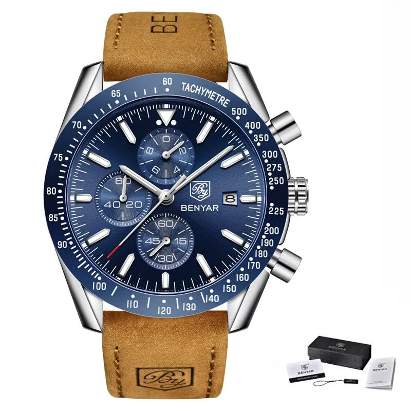 Relojes de lujo para hombre BENYAR: relojes de pulsera de cuarzo con correa de piel, resistentes al agua hasta 30 m, estilo deportivo.