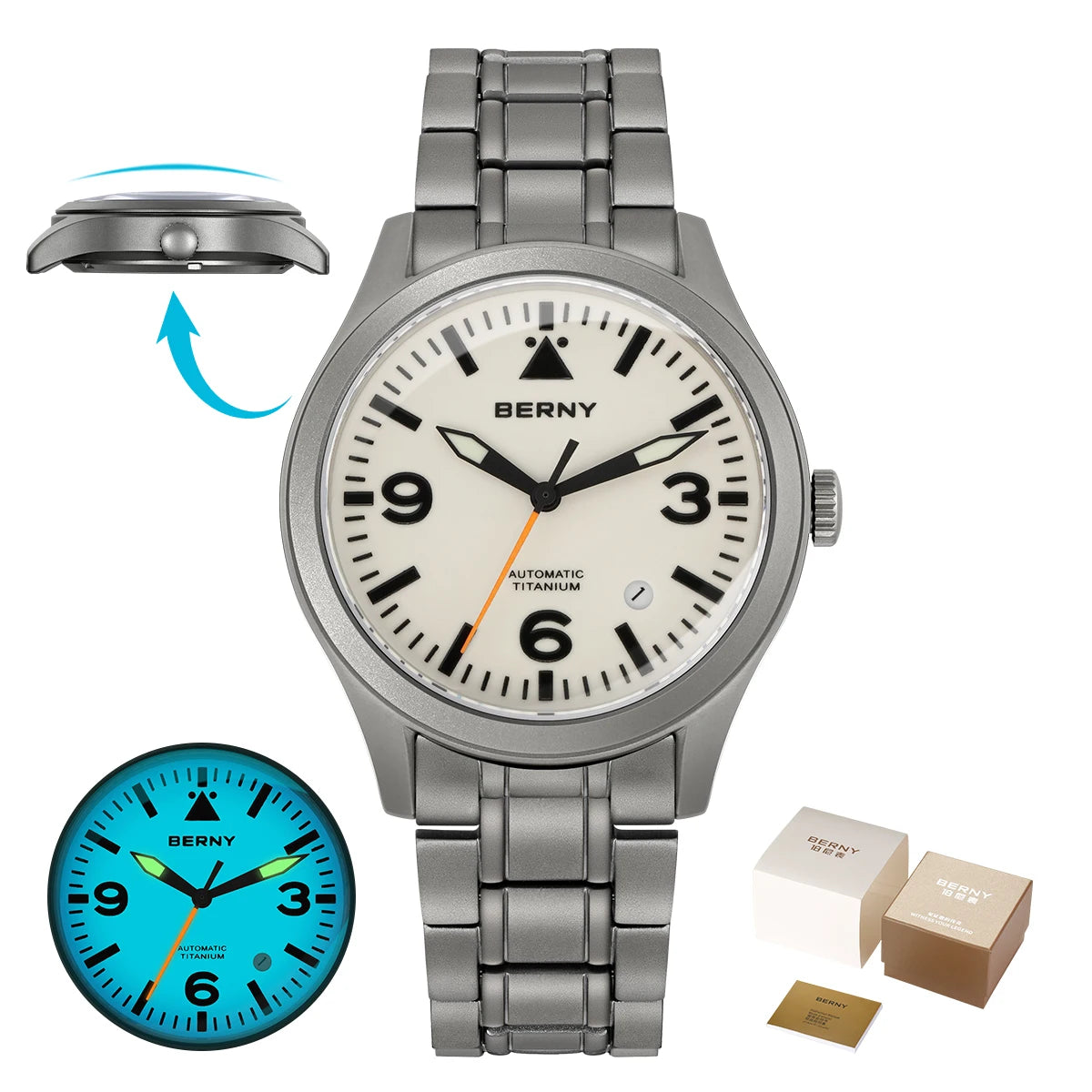 BERNY Aviation Top Titanium Mechanical Men Watch Sapphire AR Coating Supper Luminous 10Bar Sport Watch Titanium Aviation Watches