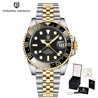 Montre mécanique pour homme Pagani Design GMT – Modèle de luxe avec verre saphir, boîtier en acier inoxydable et lunette en céramique – Montre automatique pour homme, style professionnel
