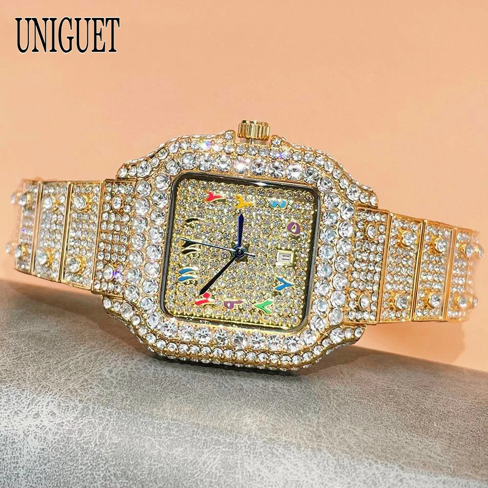 UNIGUET New Women Full Diamond Iced out Watch Fashion Square Rainbow Dial Hip Hop Bling Luxury Quartz Ladies Wristwatch Hot Sale