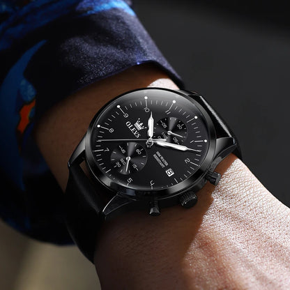 Montre pour homme OLEVS 2880 – Chronographe élégant et épuré, bracelet en cuir, affichage automatique de la date, étanche, aiguilles luminescentes, mouvement à quartz.