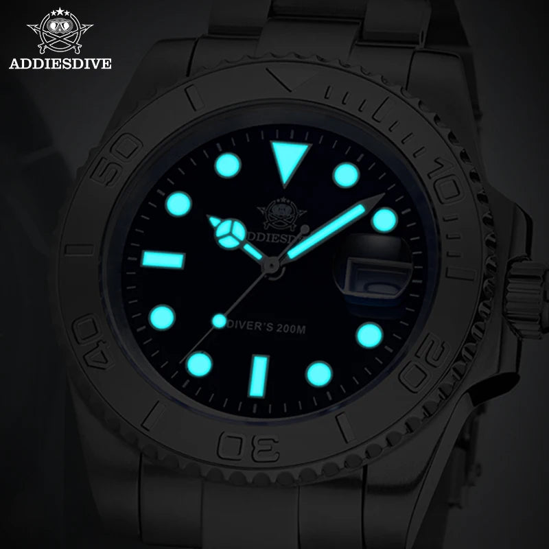 ADDIESDIVE Men's Quartz Watch 200m Waterproof Ceramic Bezel Steel Watch Magnifying Mirror Glass BGW9 Blue Luminous Diving Watch