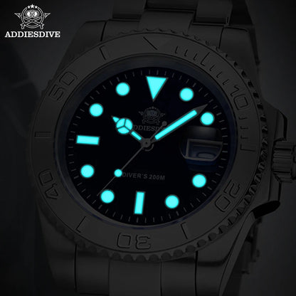 ADDIESDIVE Men's Quartz Watch 200m Waterproof Ceramic Bezel Steel Watch Magnifying Mirror Glass BGW9 Blue Luminous Diving Watch