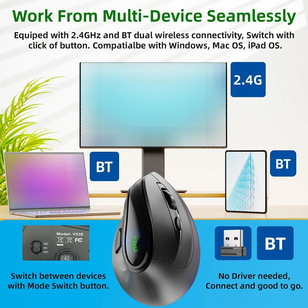 JOMAA RGB Rechargeable Wireless Ergonomic Mouse,5 Side Buttons,Bluetooth &2.4G Wireless Mice for PC Computer Notebook Laptop