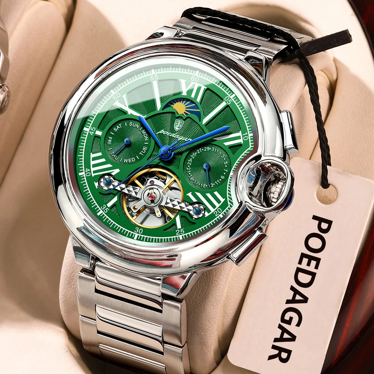 Reloj para hombre POEDAGAR, de estilo lujoso y profesional, con indicador de fecha y día, tourbillon, caja de acero inoxidable, movimiento mecánico automático y resistencia al agua.