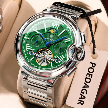 Reloj para hombre POEDAGAR, de estilo lujoso y profesional, con indicador de fecha y día, tourbillon, caja de acero inoxidable, movimiento mecánico automático y resistencia al agua.