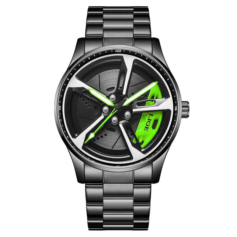 LIGE New Sport 3d Car Wheel Rim Hub Watch Fashionable Rotating Dial Stainless Steel Strap Waterproof Quartz Watches reloj hombre
