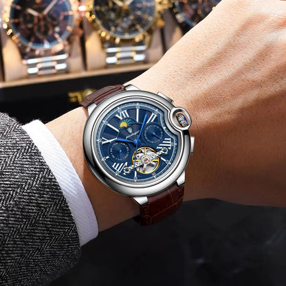 Montre de luxe pour homme POEDAGAR – Modèle automatique mécanique avec affichage de la date et du jour, bracelet en cuir, tourbillon, étanche, style élégant et professionnel.