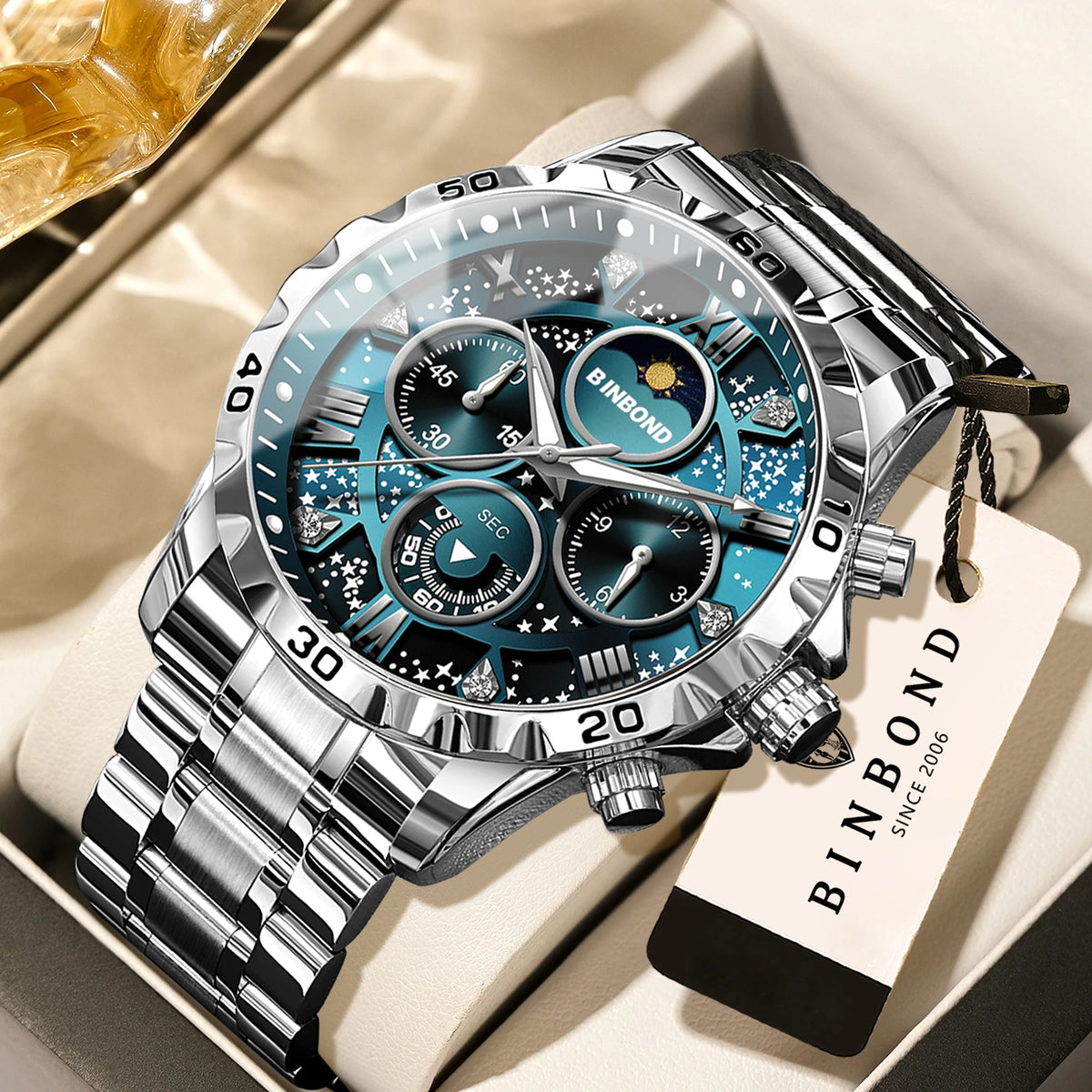 Montres à quartz de marque originale BINBOND pour hommes, montre chronographe de luxe lumineuse en acier inoxydable pour hommes, montre élégante pour hommes
