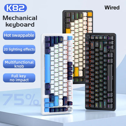 K82 75% Wired Mechanical Keyboard RGB Backlight, 82 KEY, Full Key Hot Swappable Blue Switch, Multifunctional Knob, Windows & Mac