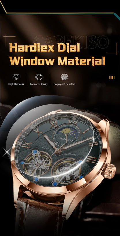 CAREKISO Fashion Men Clock Double Hollow Tourbillon Automatic Mechanical Man Watch Waterproof Luminous Leather Men's Watches+Box