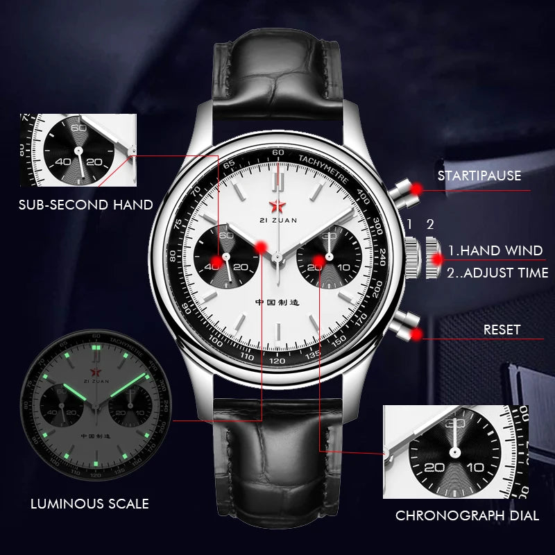 Red Star Panda Mens 1963 Chronograph Mechanical Wristwatch Seagull st1901 Movement Gooseneck 40mm Luminous Sapphire Pilot Watch