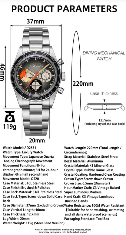 ADDIESDIVE Top Brand AD2551 Chronograph Watch C3 Super Luminous 316L Stainless Steel 10Bar Waterproof 0S20 Movement Men's Watch