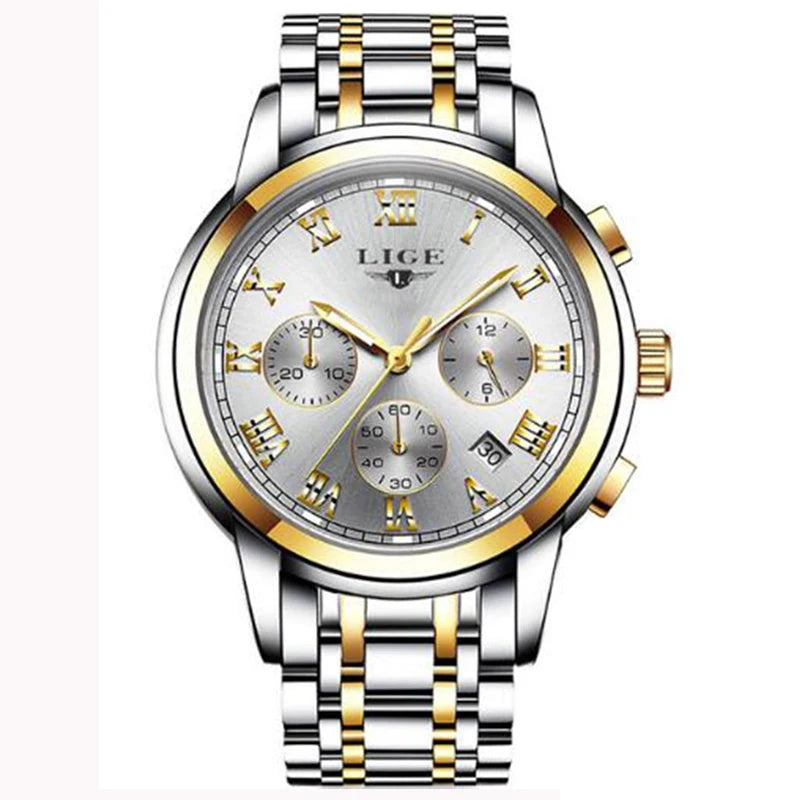Montre pour homme LIGE – Chronographe de luxe, style sport décontracté, étanche, entièrement en acier, mouvement à quartz