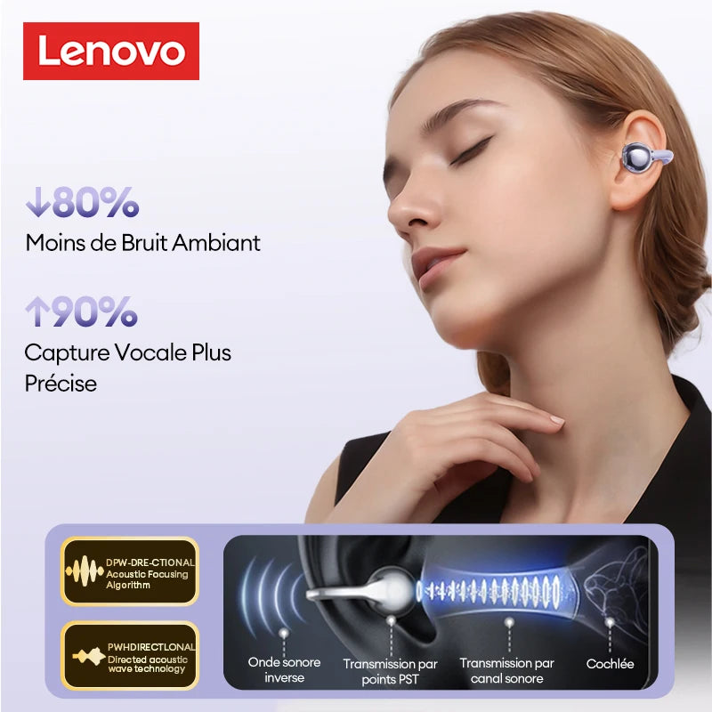 Auriculares Lenovo LE302 inalámbricos Bluetooth 6.0, batería de larga duración, clip deportivo para la oreja, estéreo HIFI con cancelación de ruido