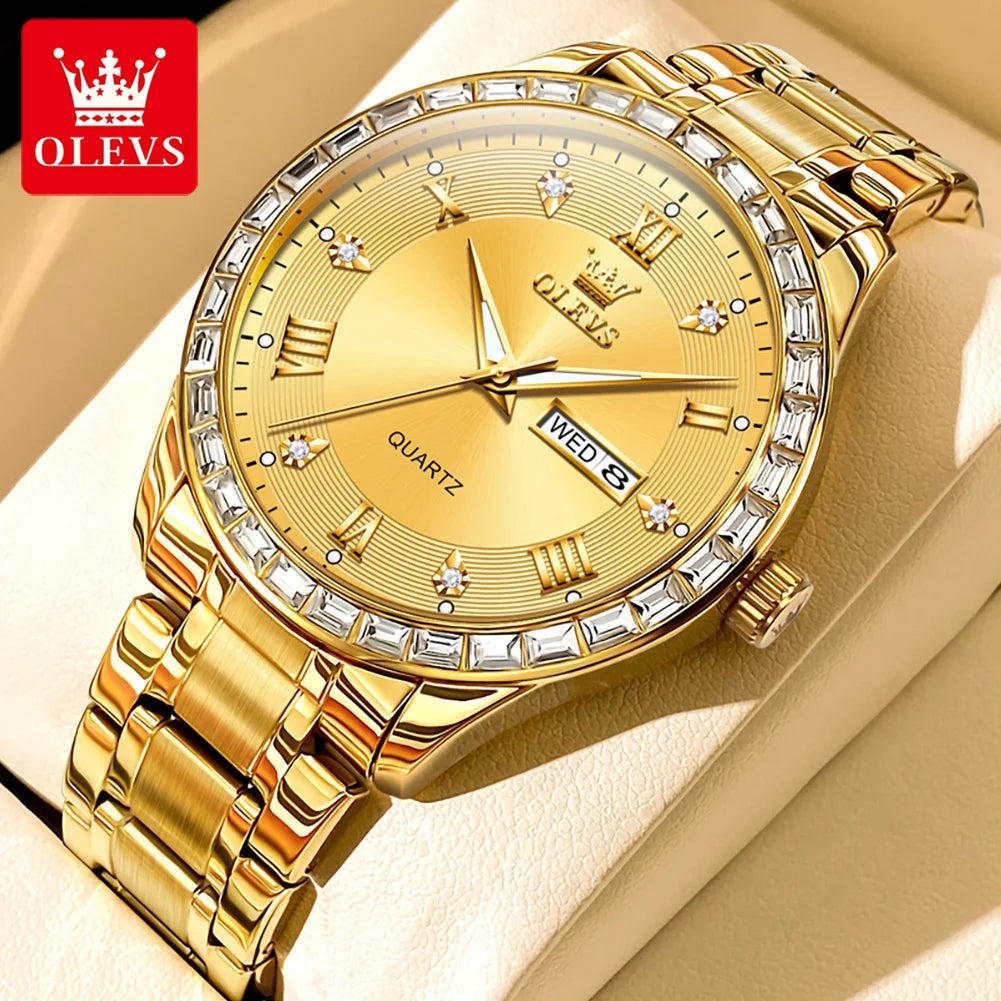 Reloj de cuarzo para hombre OLEVS 9906, modelo cuadrado adornado con diamantes, correa de acero inoxidable, hermético, con doble calendario; un reloj de pulsera de lujo, original, ideal para el ámbito profesional.