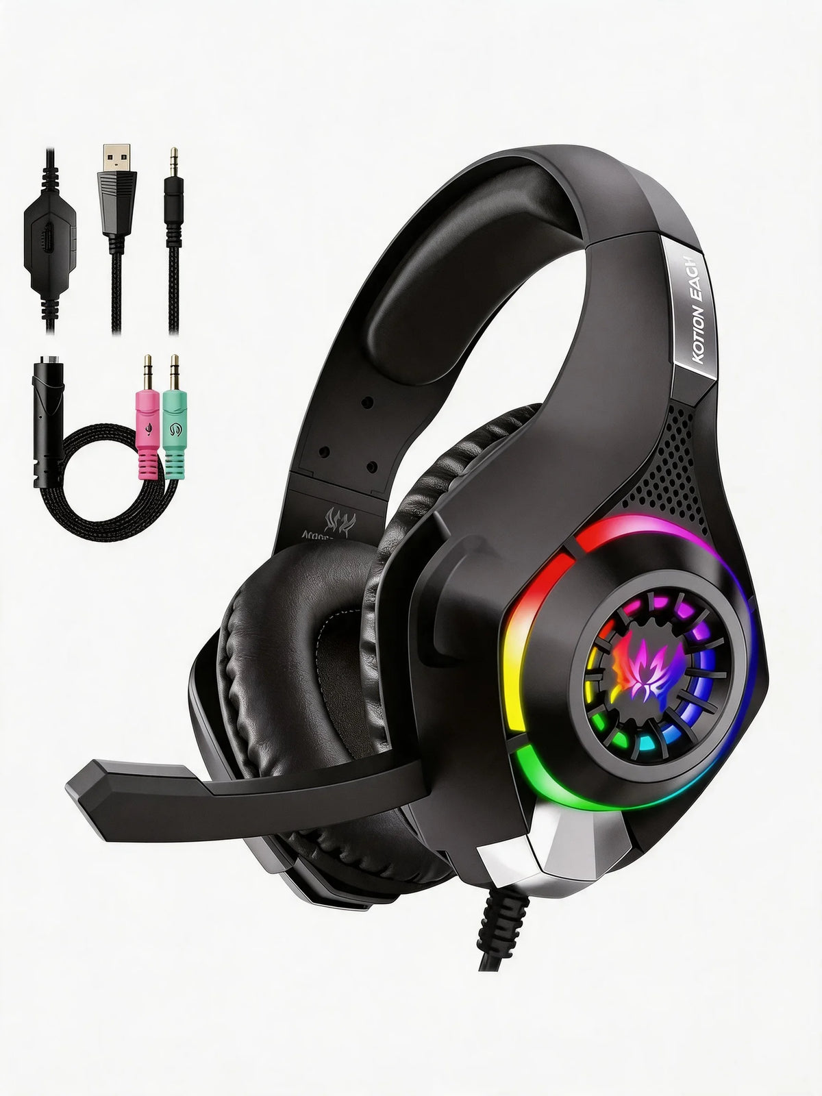 Casque de jeu pour PC, PS4, PS5, avec micro anti-bruit, éclairage RGB, son surround basse fréquence, oreillettes en mousse à mémoire de forme