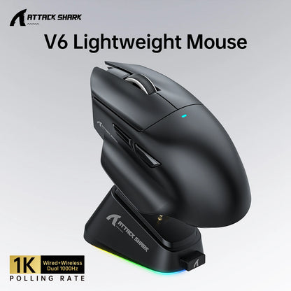 ATTACK SHARK V6  Wireless Gaming Superlight Mouse with RGB Magnetic Charging Dock,PAW3311 Sensor,Macro Gaming Mouse