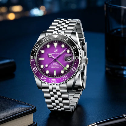 Montre mécanique pour homme Pagani Design GMT – Modèle de luxe avec verre saphir, boîtier en acier inoxydable et lunette en céramique – Montre automatique pour homme, style professionnel