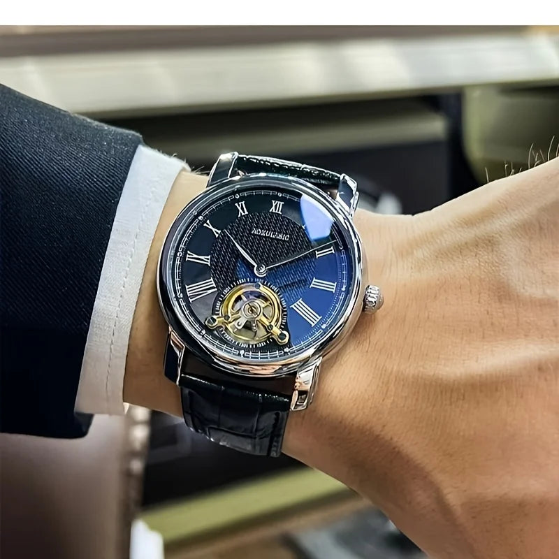 Reloj mecánico automático para hombre: elegante diseño esqueleto, estilo «business casual» de moda, caja de aleación y correa de piel, sin pila