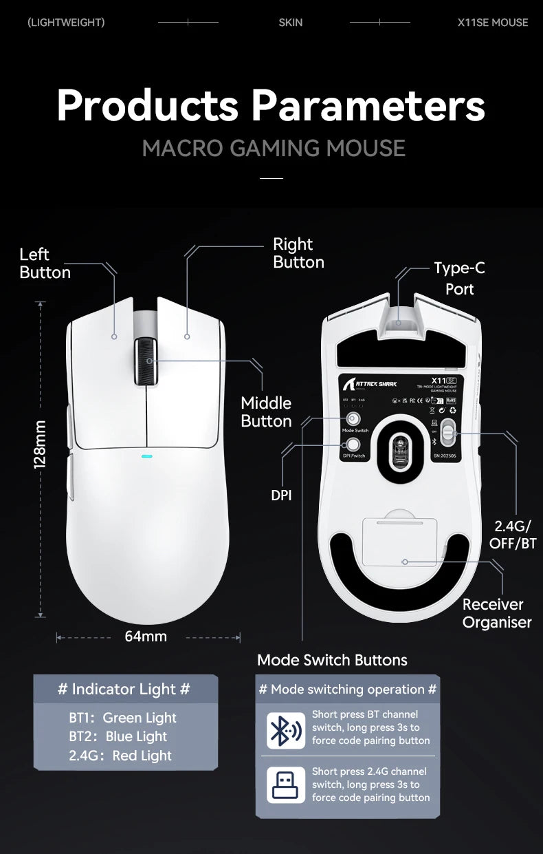 ATTACK SHARK X11 SE Wireless Gaming Mouse 22000 DPI,PixArt PAW3311 Sensor,BT/2.4G/Wired,59g Lightweight,2000W Clicks