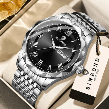 Montre-bracelet de luxe à quartz BINBOND Original Brand pour homme, lumineuse, étanche, date automatique, affichage du jour de la semaine, style décontracté.