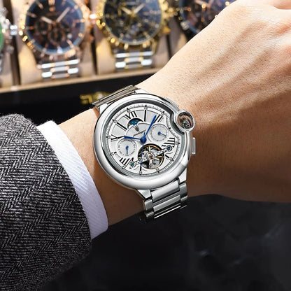 Reloj para hombre POEDAGAR, de estilo lujoso y profesional, con indicador de fecha y día, tourbillon, caja de acero inoxidable, movimiento mecánico automático y resistencia al agua.