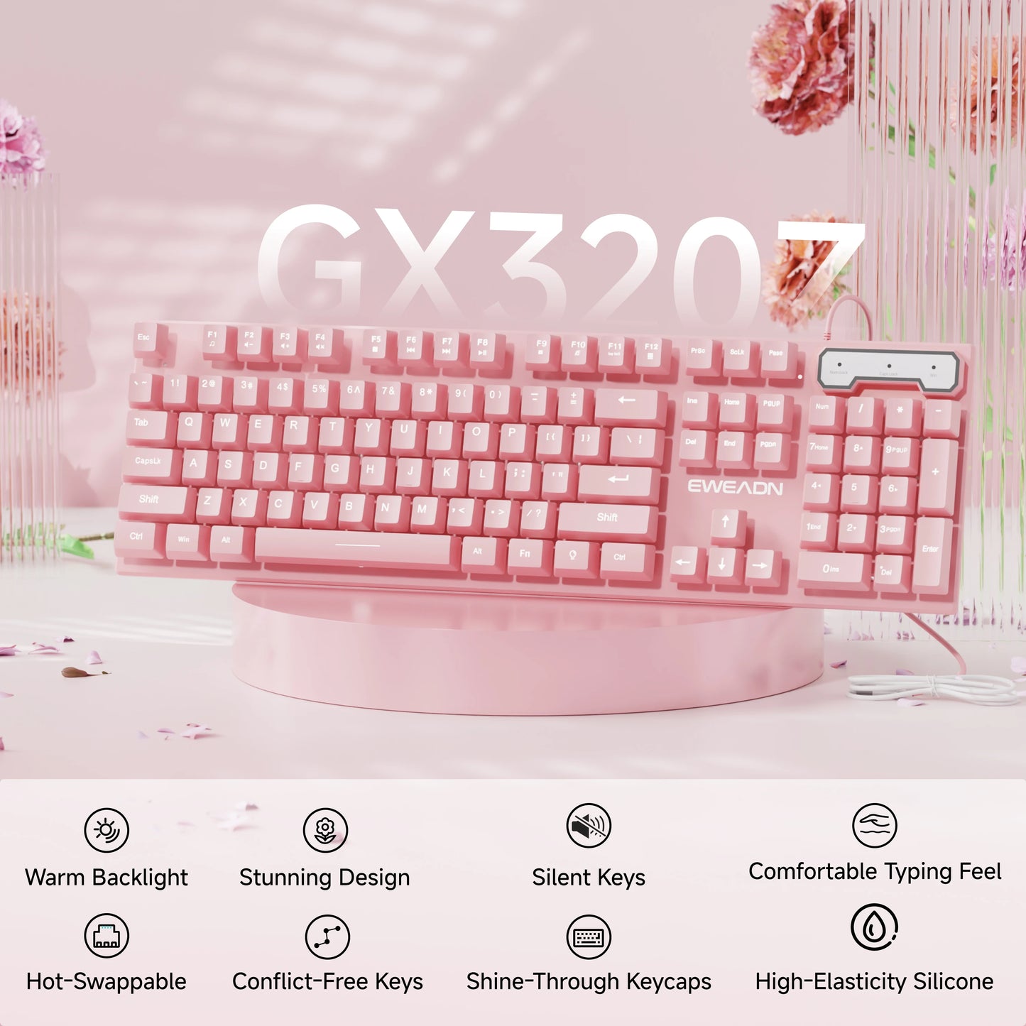 EWEADN Wired Pink White Keyboard, Full-Size Numpad, Quiet Keys, RGB Backlit Cute Design for Laptop/PC, Ideal for Work & Gaming