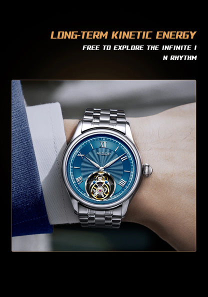 AESOP Mens Mechanical Wristwatches Flying Tourbillon Movement Skeleton Watch for Men Man Luxury Clocks Real Tourbillon Watch