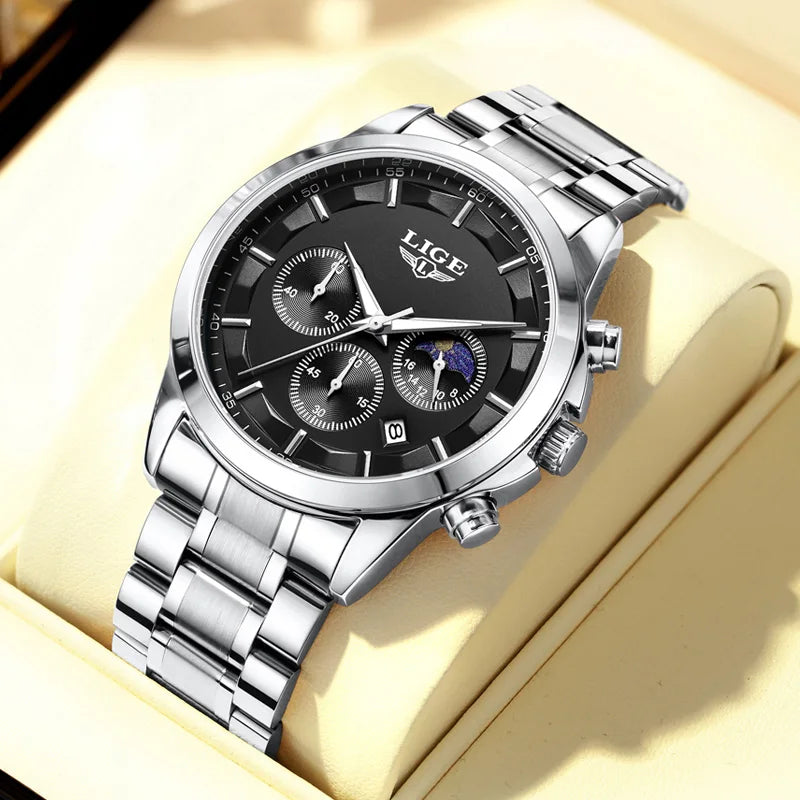 Reloj para hombre LIGE: cronógrafo de cuarzo de lujo, resistente al agua (3 bares), con agujas luminiscentes
