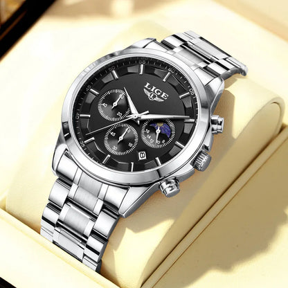 Reloj para hombre LIGE: cronógrafo de cuarzo de lujo, resistente al agua (3 bares), con agujas luminiscentes