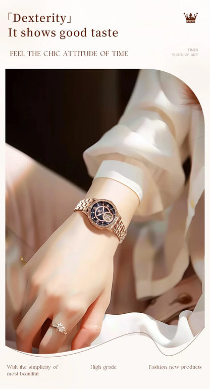 OLEVS Brand Fashion Women Mechanical Watches Starry Sky Dial Diamond Automatic Wristwatch Ladies Waterproof Luminous Clock Women