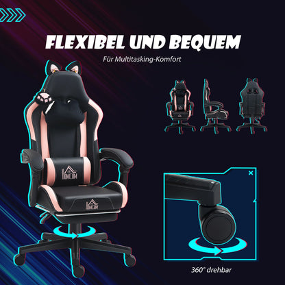 Gaming chair with cat ears, tiltable backrest, retractable footrest, maximum load capacity 120kg, gaming chair, office chair,