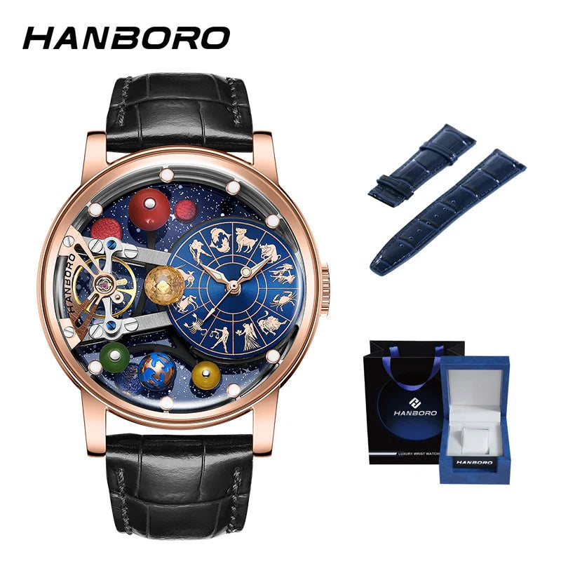 Montre mécanique automatique pour homme, modèle « Ciel étoilé » : design squelette, style constellation, boîtier en acier inoxydable, affichage en relief, fonction luminescente et étanchéité.