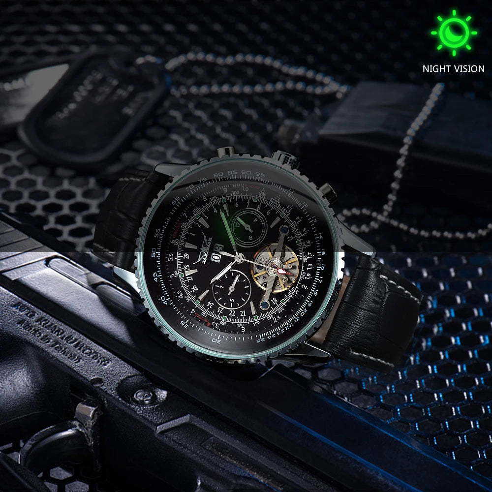 Jaragar Military Sports Automatic Watch for Men Multifunction Dial Tourbillon Skeleton Mechanical Watches Luxury Steel Band Glow