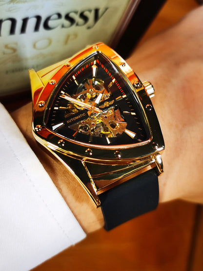 Reloj automático para hombre WINNER, diseño esqueleto triangular, agujas luminiscentes, correa de caucho, estilo militar, reloj mecánico de lujo