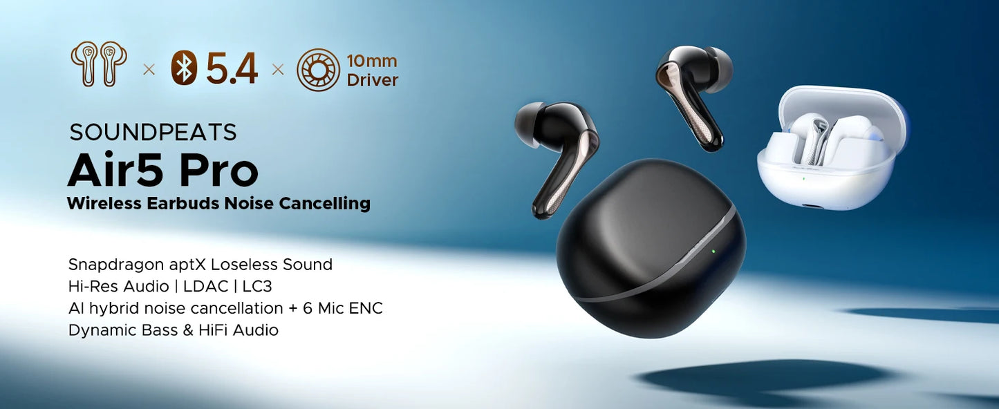 SOUNDPEATS Air5 Pro Wireless Earphones 55 dB Adaptive Hybrid ANC Bluetooth 5.4 Earbuds, Hi-Res LDAC aptX Loseless,6 Mics AI ENC