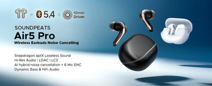 SOUNDPEATS Air5 Pro Wireless Earphones 55 dB Adaptive Hybrid ANC Bluetooth 5.4 Earbuds, Hi-Res LDAC aptX Loseless,6 Mics AI ENC