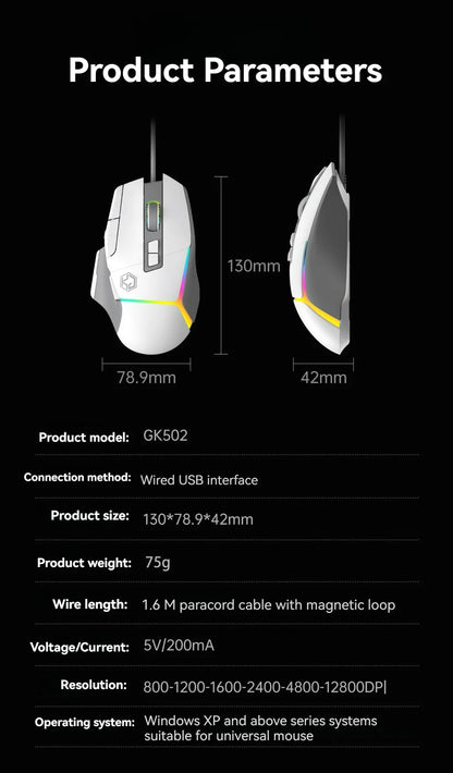 Wired Mouse RGB Lights 10 Keys Macro Programming Gaming Chip 12800DPI Ergonomic Design Medium-Large Hand Gaming Mouse GK502