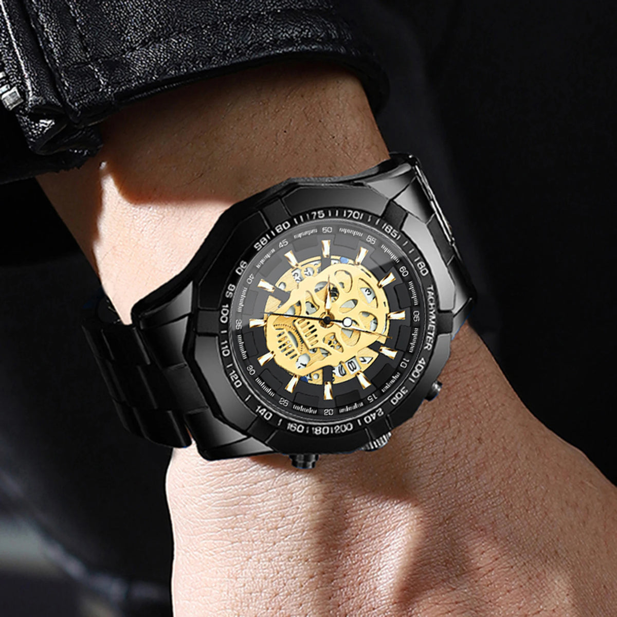 Montre-bracelet BINBOND pour homme, motif crâne squelette, à quartz précis, luxueuse, lumineuse, étanche, avec date automatique, robuste.